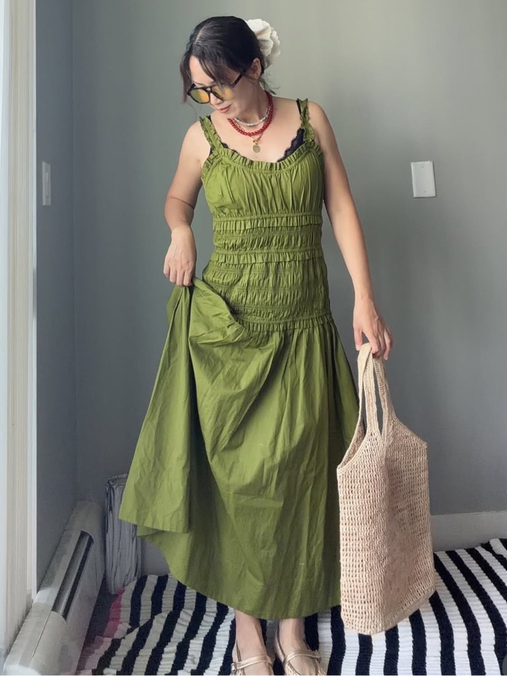 Caroline Constas Cotton drop waist scrunch smocked maxi dress green NEW small